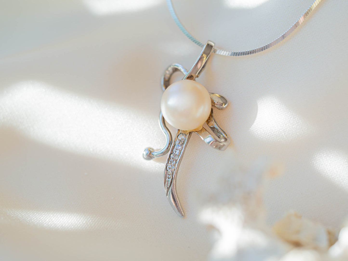 Sterling Silver Full Moon Pearl Necklace with Sparkling Stones