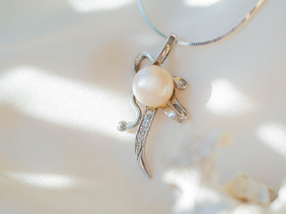 Sterling Silver Full Moon Pearl Necklace with Sparkling Stones