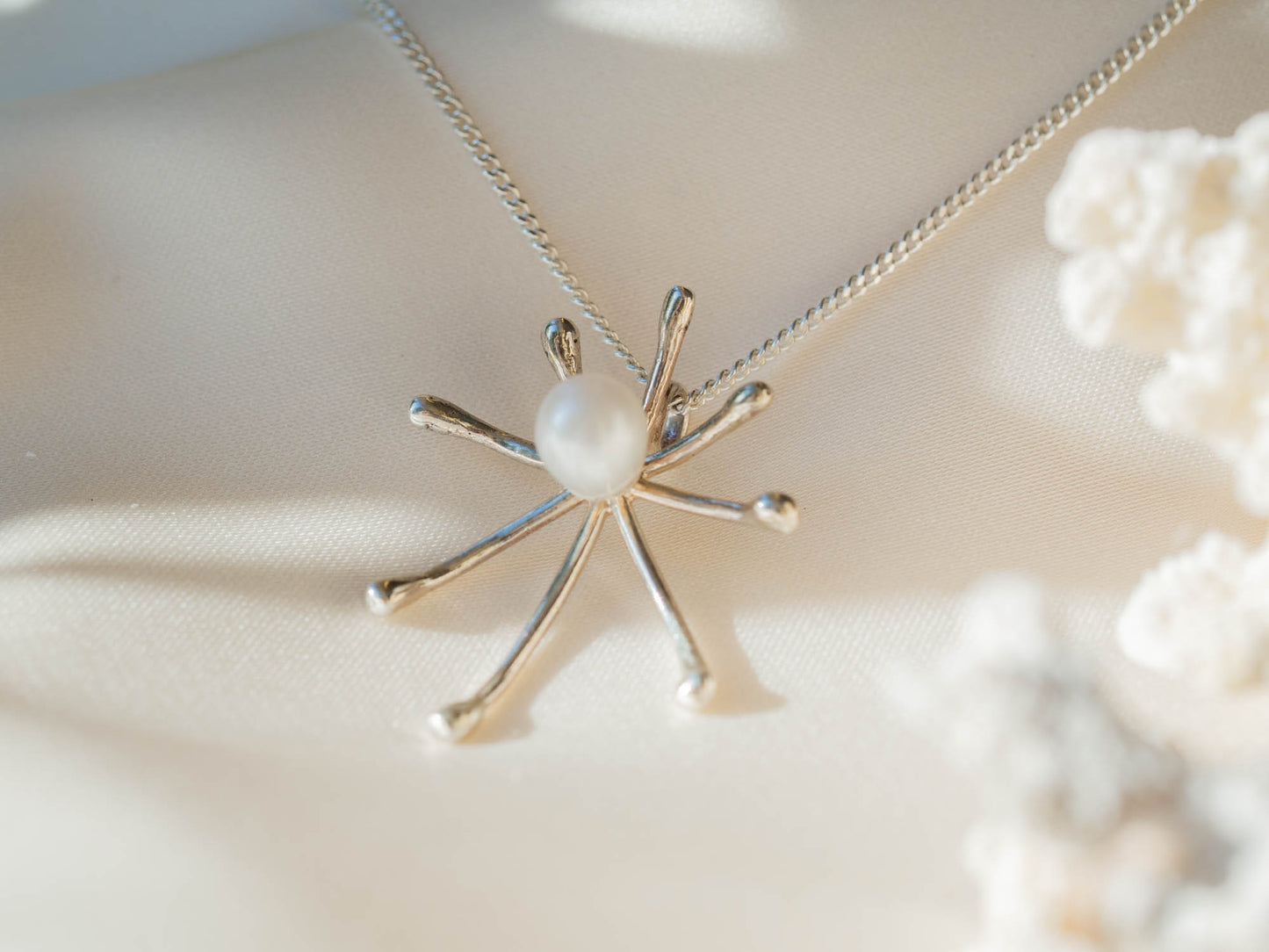 Sterling Silver Oceanic Necklace with Large Pearl Accent