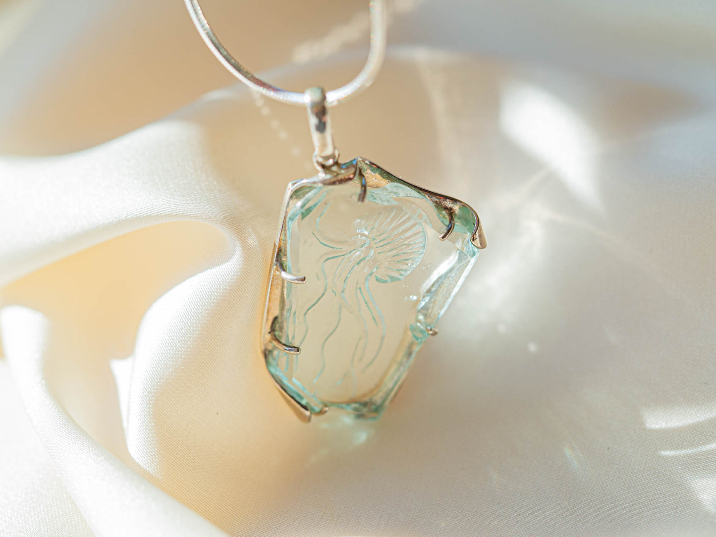One-of-a-Kind Jellyfish Pendant with Hand-Etched Sea Glass and Silver Setting