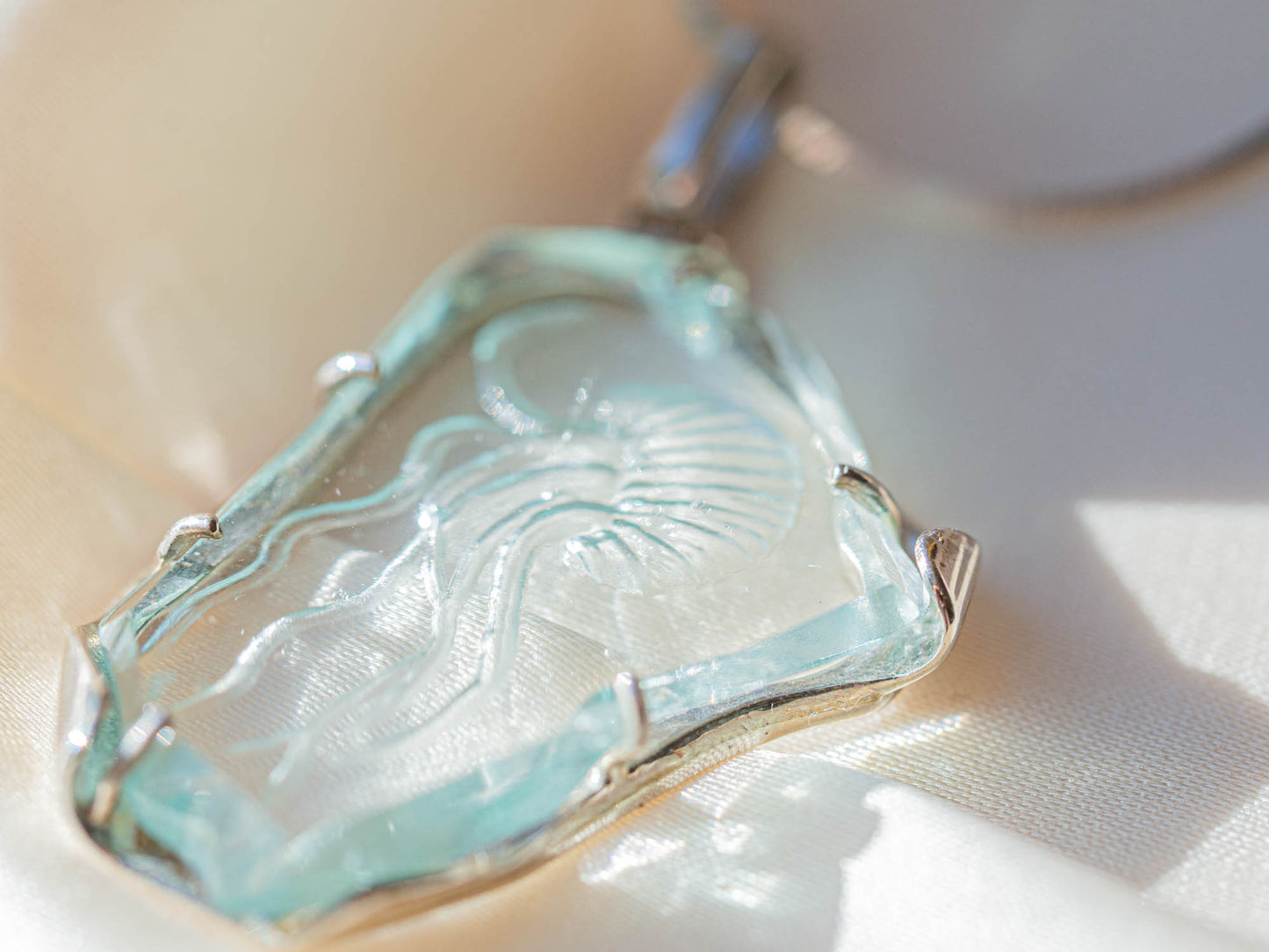 One-of-a-Kind Jellyfish Pendant with Hand-Etched Sea Glass and Silver Setting