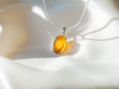 Hand-Carved One-of-a-Kind Amber Sea Glass Pendant with Rhodium-Plated Silver Clasp