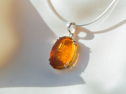 Hand-Carved One-of-a-Kind Amber Sea Glass Pendant with Rhodium-Plated Silver Clasp