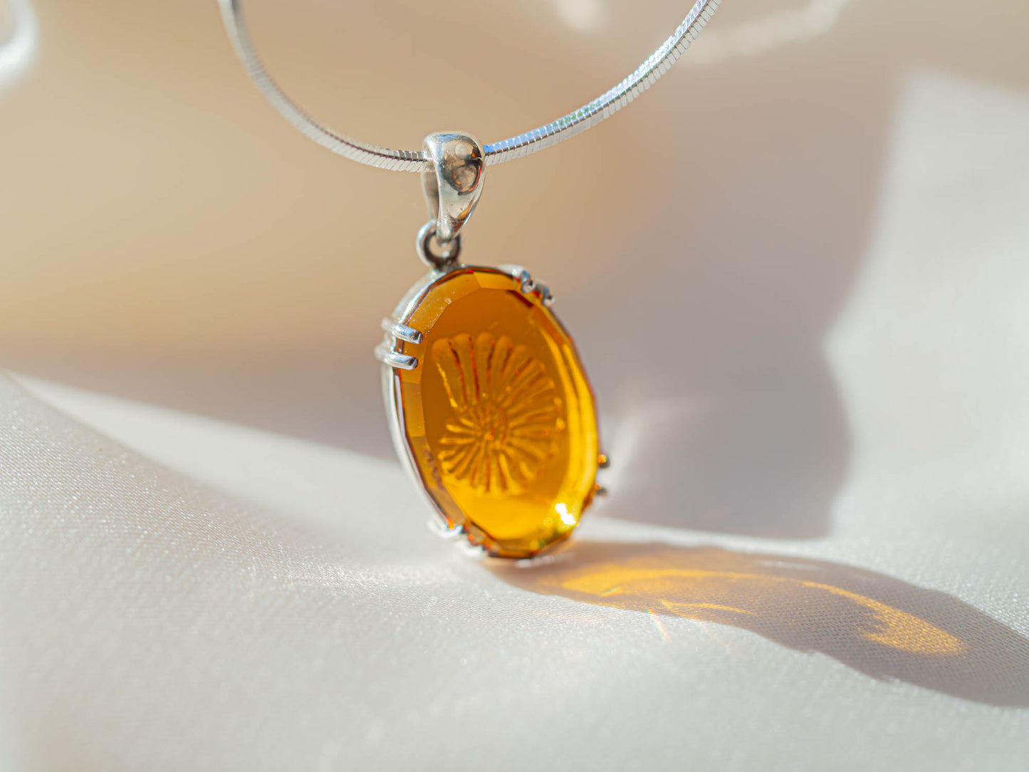 Hand-Carved One-of-a-Kind Amber Sea Glass Pendant with Rhodium-Plated Silver Clasp