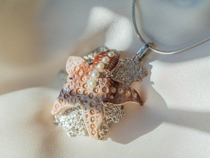 Unique Handmade Starfish Pendant with Sea Urchin Inlay and Pearl Accents Necklace