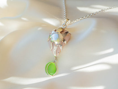 Handmade Silver Petal Shell Pendant with Sea Glass Drop