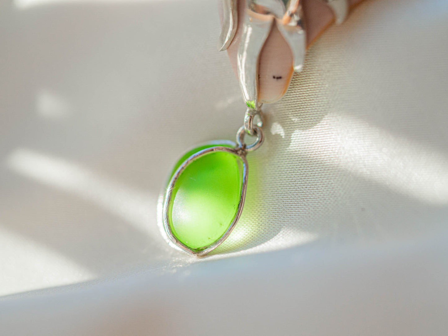 Handmade Silver Petal Shell Pendant with Sea Glass Drop