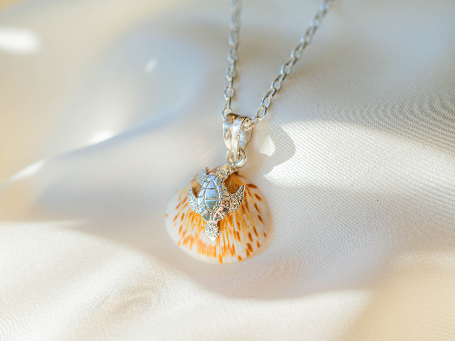 Natural Flame Shell and Turtle Charm Necklace