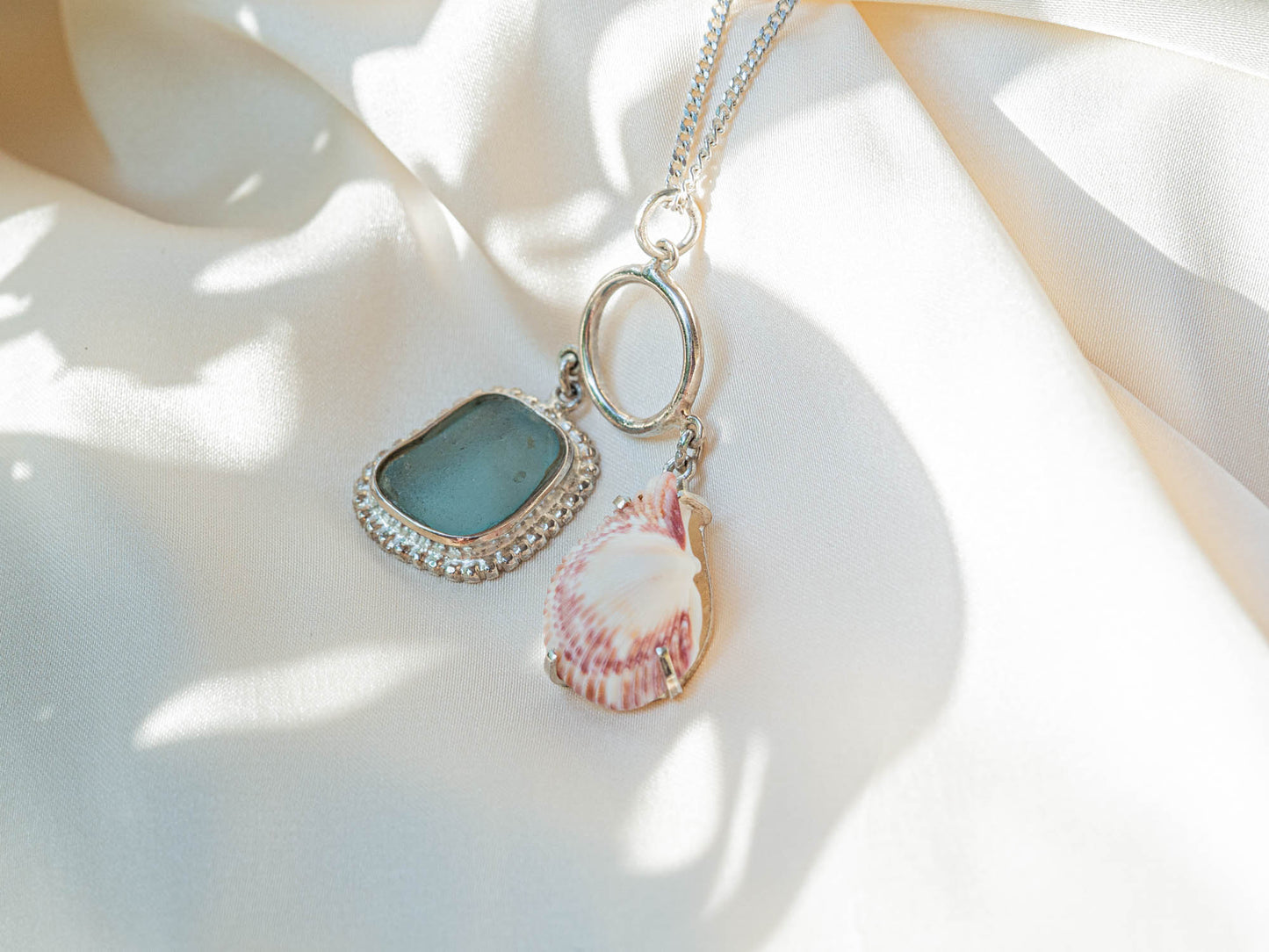 Unique Sea Glass and Seashell Pendant Necklace on Sterling Silver Chain