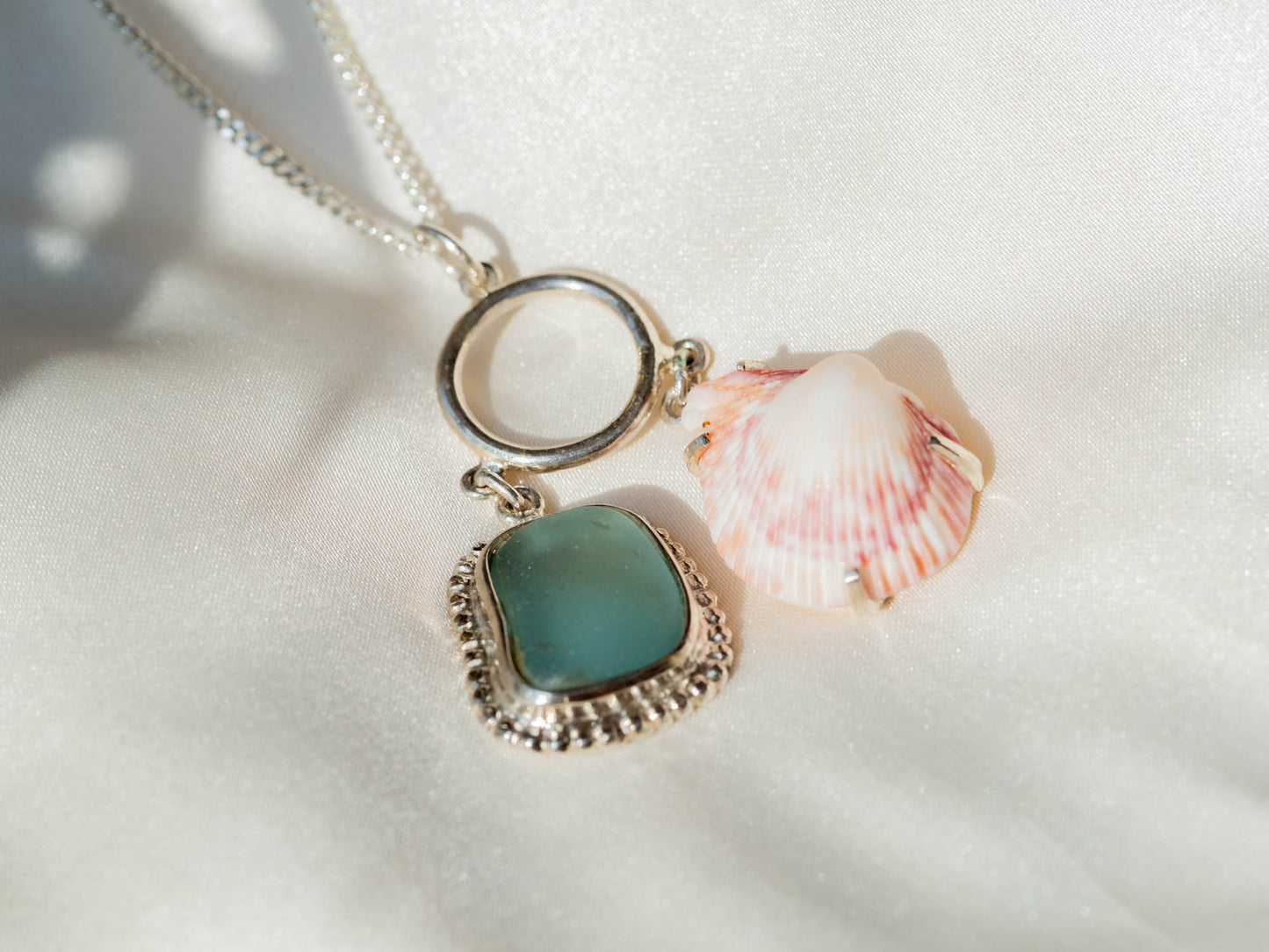 Unique Sea Glass and Seashell Pendant Necklace on Sterling Silver Chain