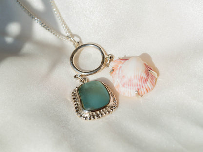Unique Sea Glass and Seashell Pendant Necklace on Sterling Silver Chain