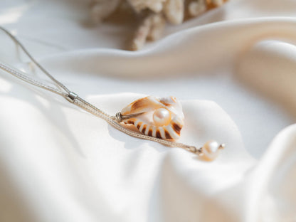 Unique Handmade Seashell and Pearl Necklace on Silver Chain
