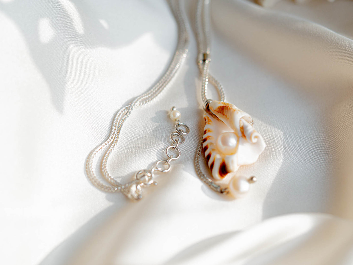 Unique Handmade Seashell and Pearl Necklace on Silver Chain