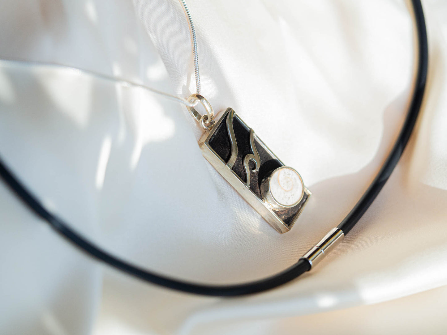 Unique Ebony Wood & Natural Seashell Pendant Necklace