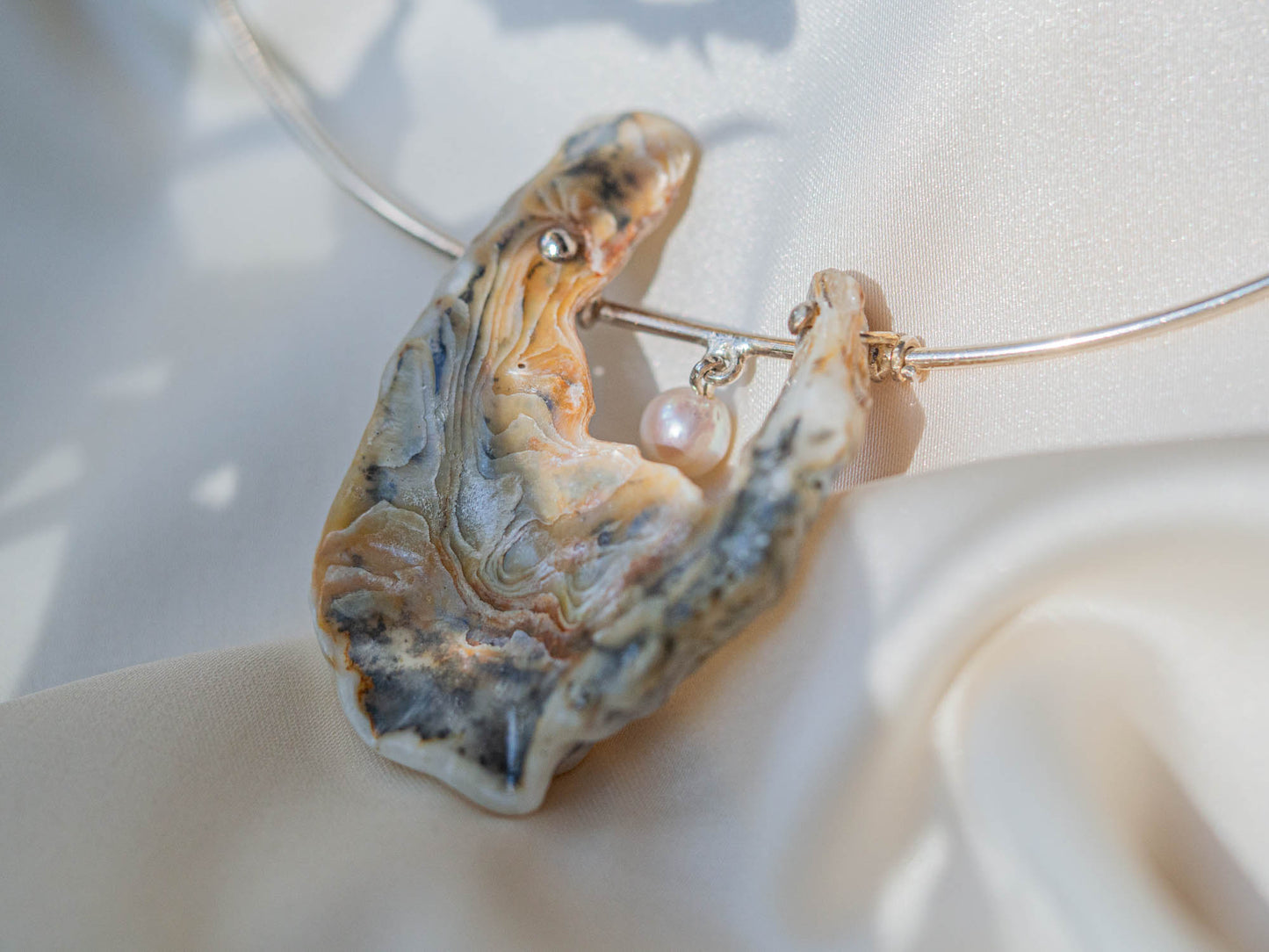 Unique Natural Shell & Pearl Pendant Necklace on Sterling Silver Choker