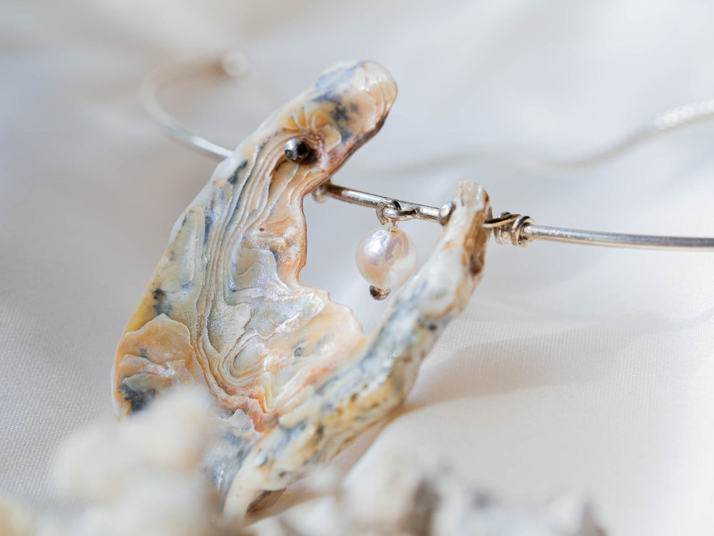 Unique Natural Shell & Pearl Pendant Necklace on Sterling Silver Choker