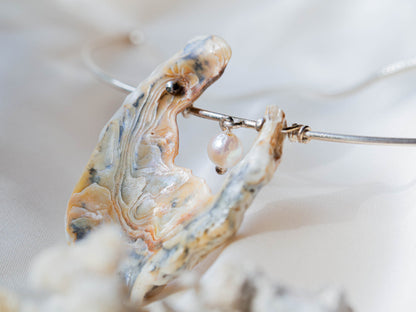 Unique Natural Shell & Pearl Pendant Necklace on Sterling Silver Choker