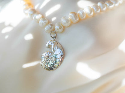 Mixed Pearl and Silver Chain Necklace with Hand-Carved Nautilus Pendant
