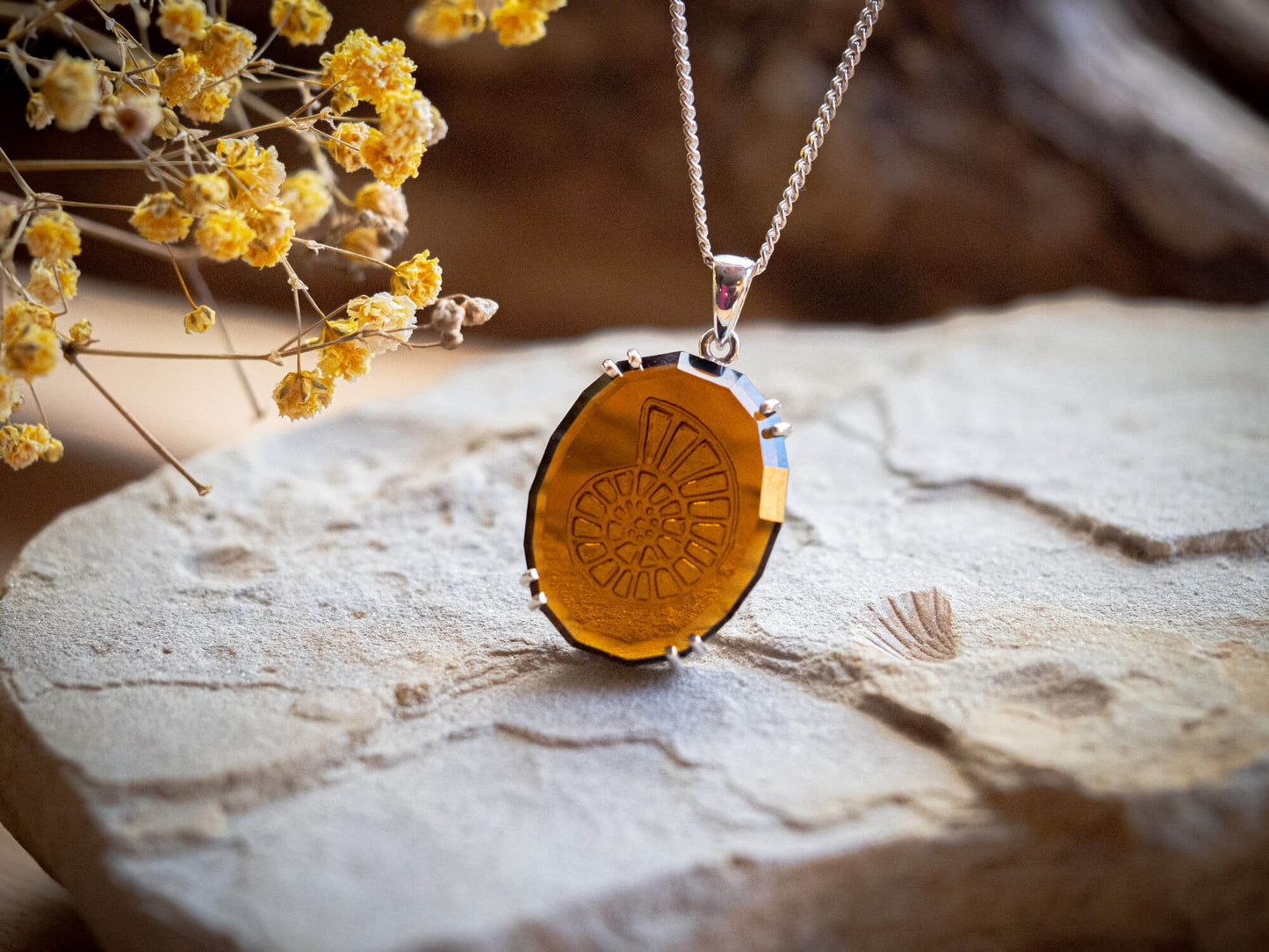 Sterling Silver Amber Sea Glass Spiral Pendant Necklace