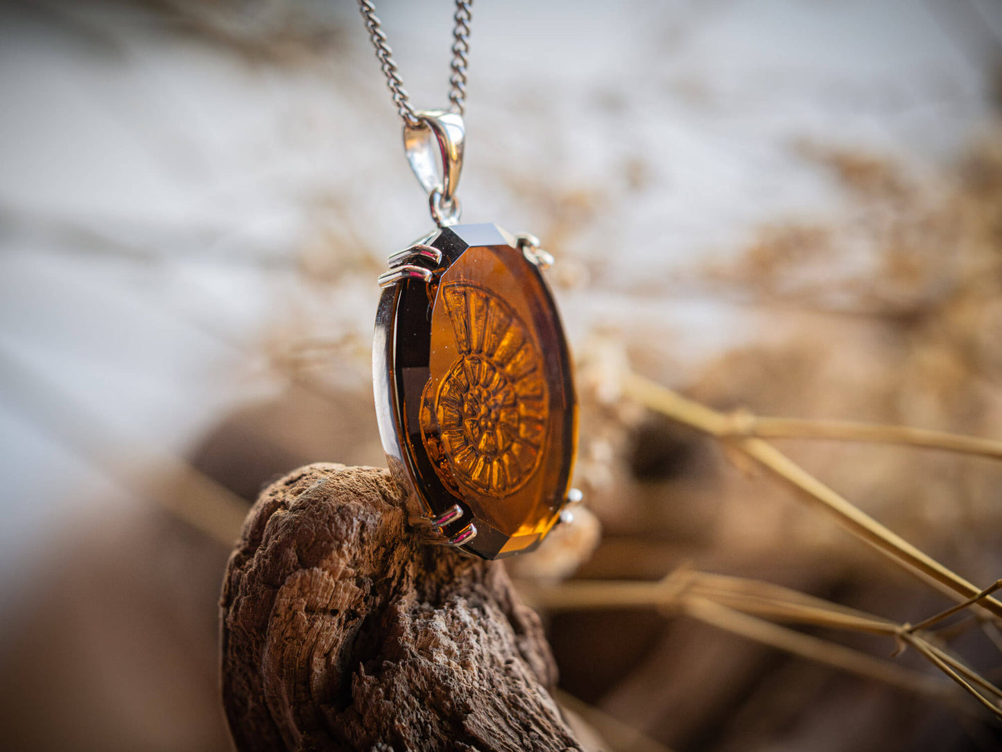 Sterling Silver Amber Sea Glass Spiral Pendant Necklace