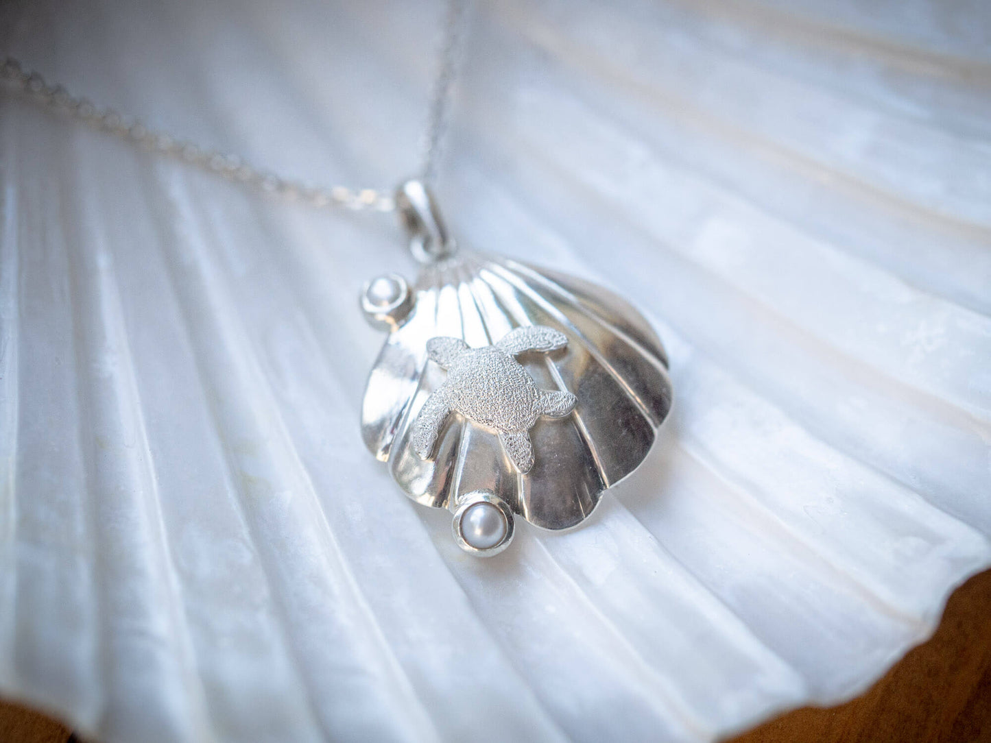 Sterling silver turtle resting on a seashell with two freshwater cultured pearls