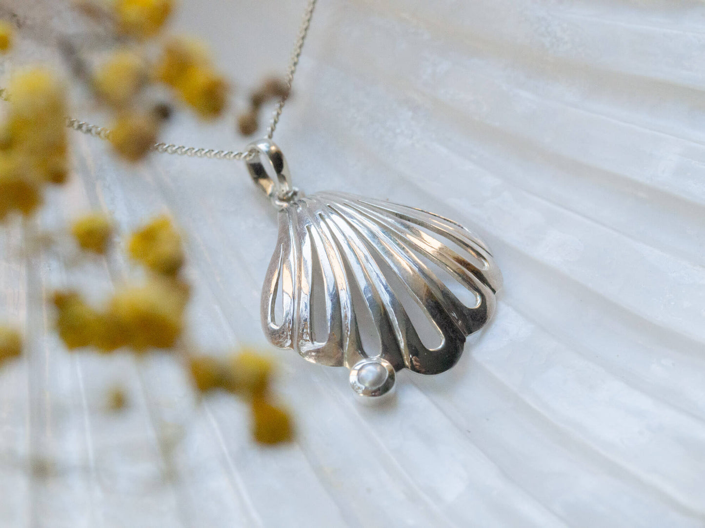 Handcrafted Sterling Silver Unique Seashell Necklace with Freshwater Cultured Pearl