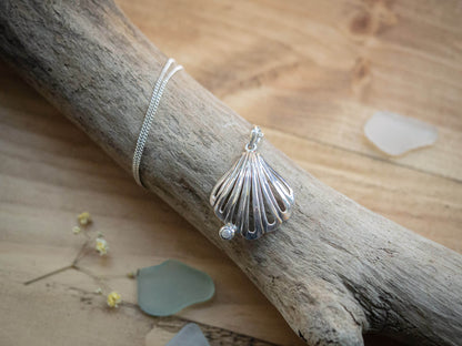 Handcrafted Sterling Silver Unique Seashell Necklace with Freshwater Cultured Pearl