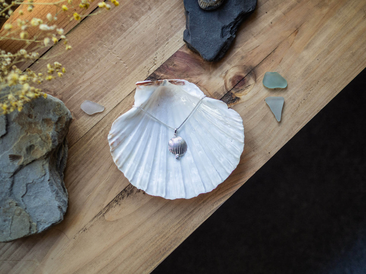 Handcrafted Sterling Silver Scallop Seashell Necklace with Freshwater Cultured Pearl