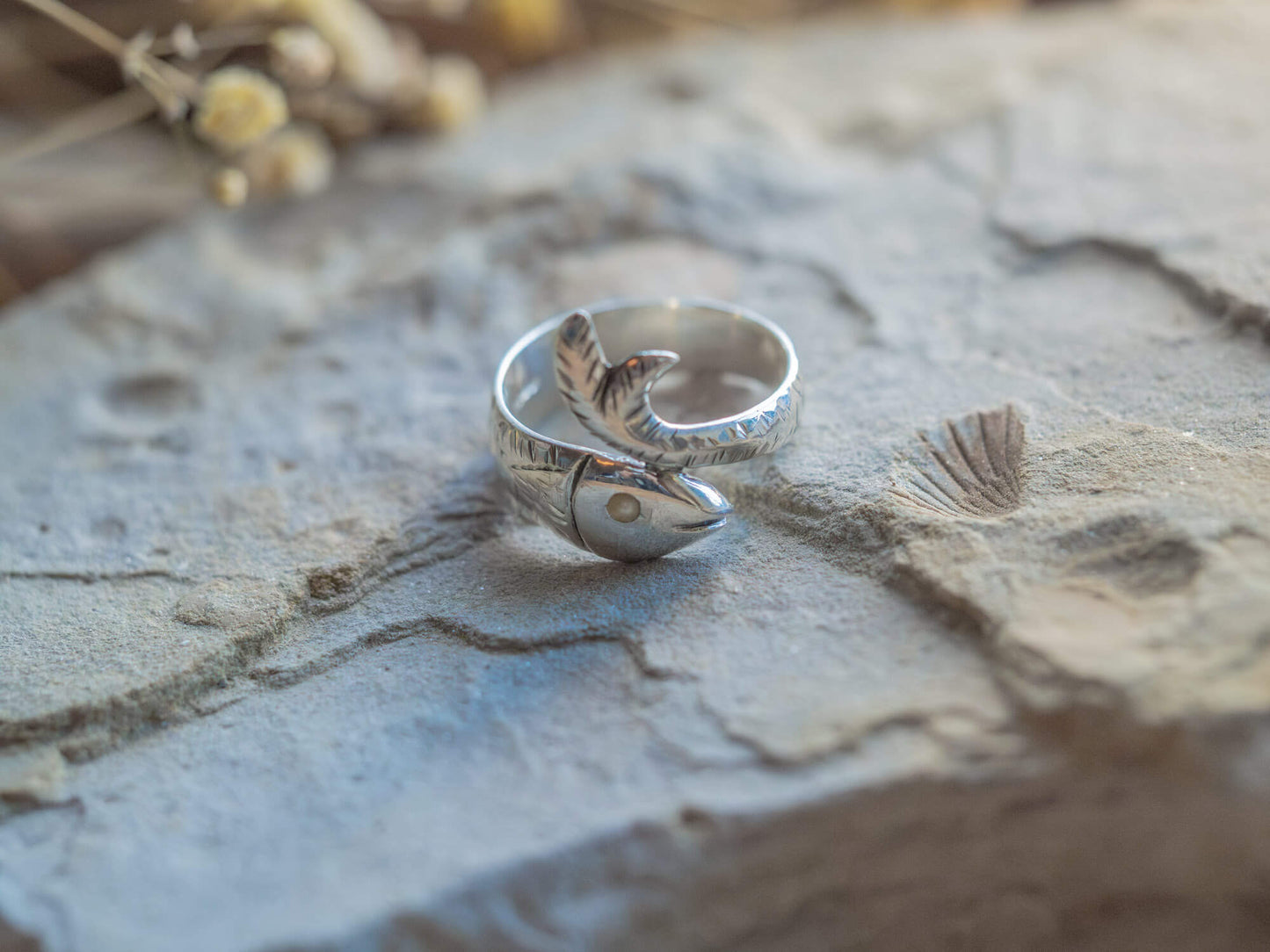 Hand-Carved Sterling Silver Fish & Pearl Ring – One-of-a-Kind Ocean-Inspired Design